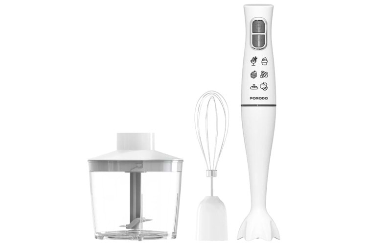 Porodo 300W Hand Blender with Stainless Steel Blades, 500ml Bowl - White