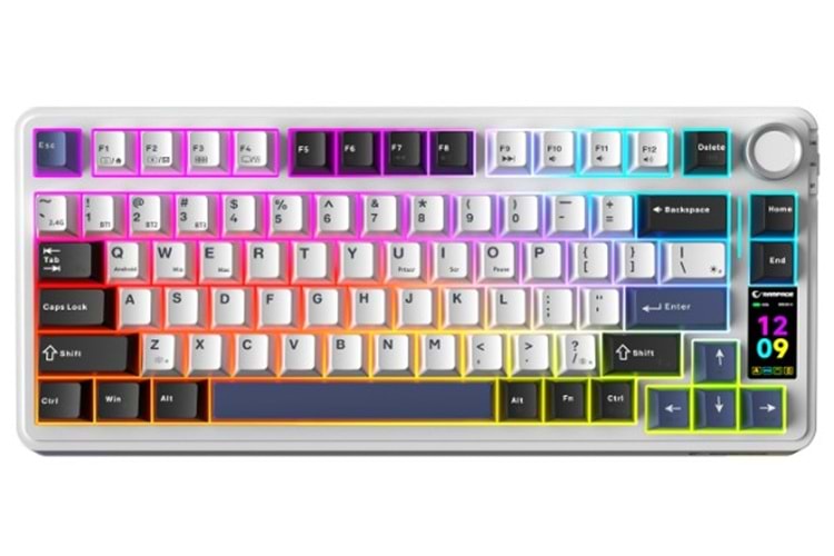 Rampage Quell Pro Ekranlı Beyaz Hot Swap 2.4G + BT Wireless RGB Gasket Oil Switch English Layout PBT Keycaps Mekanik Klavye
