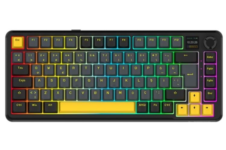Rampage Kenpachi 75 Ekranlı Siyah/Gri/Sarı 2.4G + BT Wireless RGB Hot Swap Gasket Oil Switch Türkçe Q PBT Keycaps Mekani