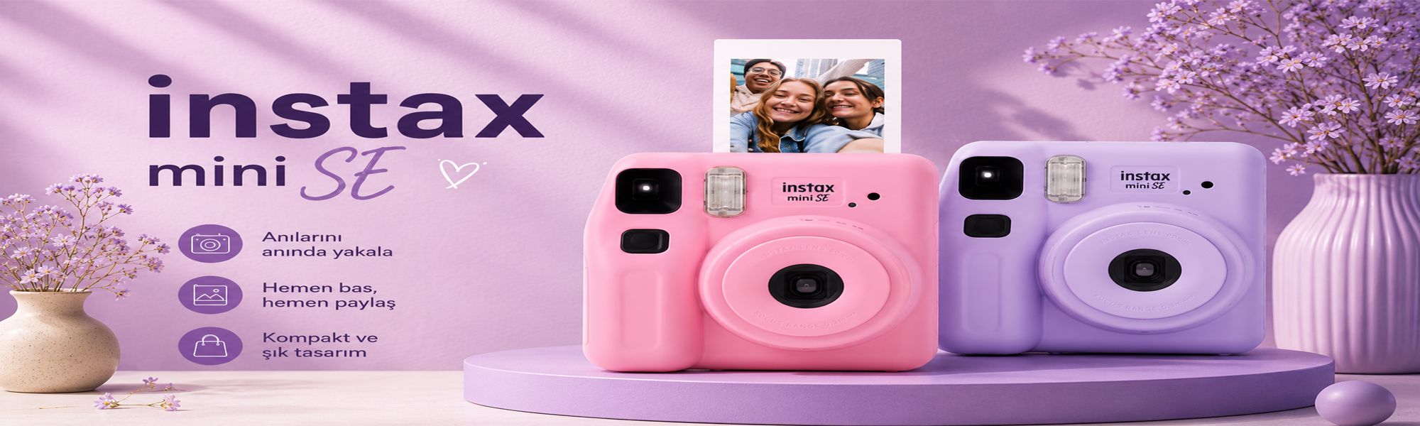 Fujifilm Instax Mini SE pembe ve mor anında fotoğraf makinesi ürün görseli