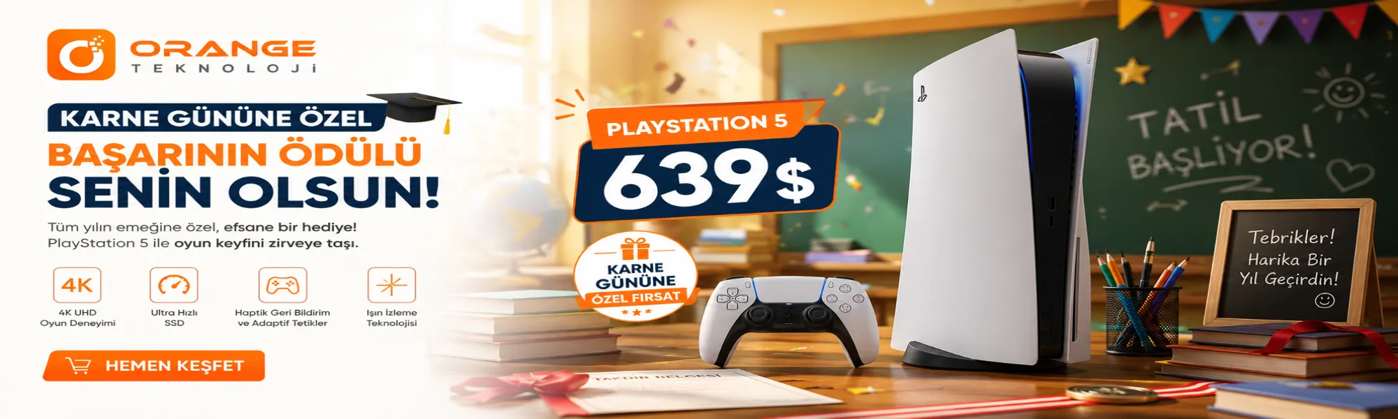 Karne gününe özel PlayStation 5 kampanyası. PS5 639$, DualSense kontrolcü, ultra hızlı SSD, 4K oyun deneyimi ve ışın izleme teknolojisi Orange Teknoloji de.