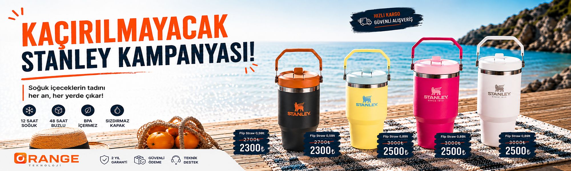 Stanley Flip Straw termos ve tumbler modellerinde kampanya fırsatları; siyah, sarı, pembe ve beyaz Stanley ürünleri.