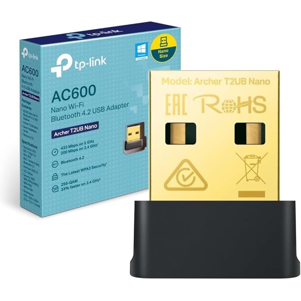 Tp-Link Kablosuz USB Adaptör AC600 Archer T2UB Nano Siyah