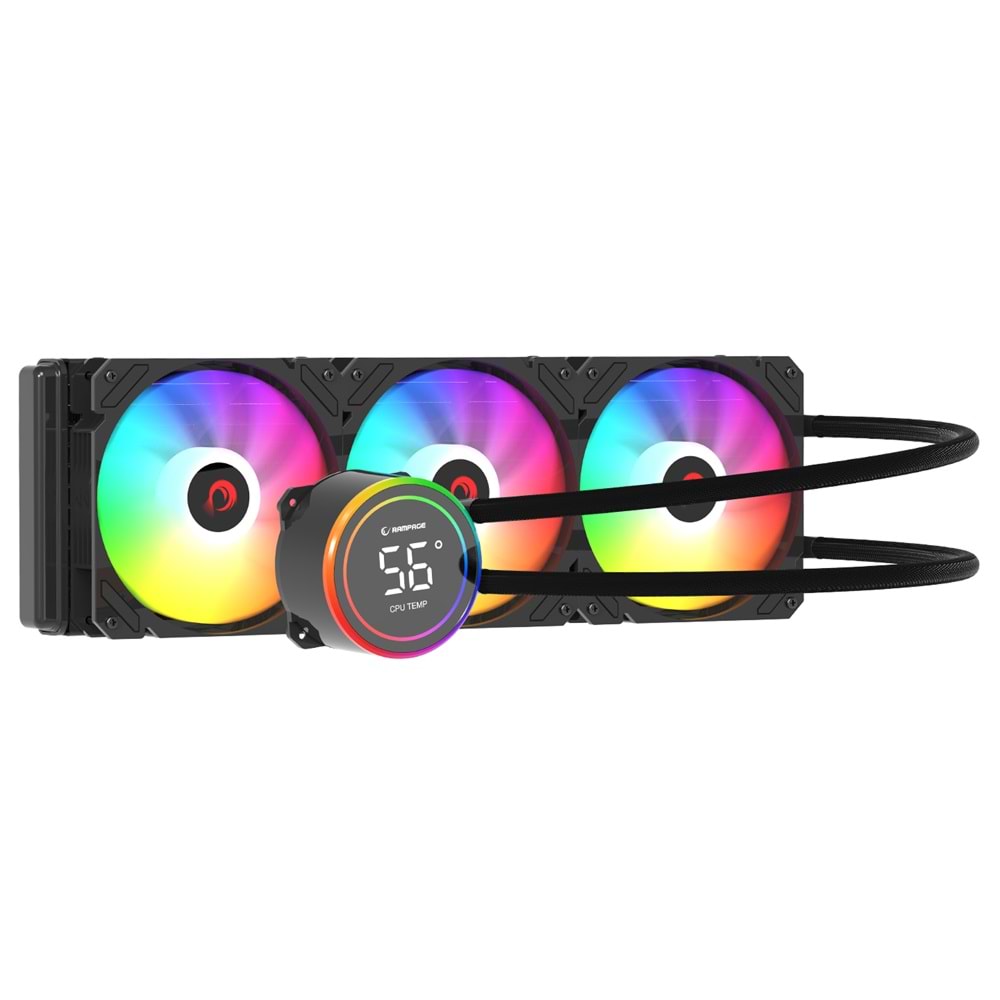 Rampage HELIOS C17 Siyah 12cm Fan Sıcaklık Göstergeli Intel LGA1700/AMD AM5 ARGB 360mm Sıvı Soğutmalı CPU Fan