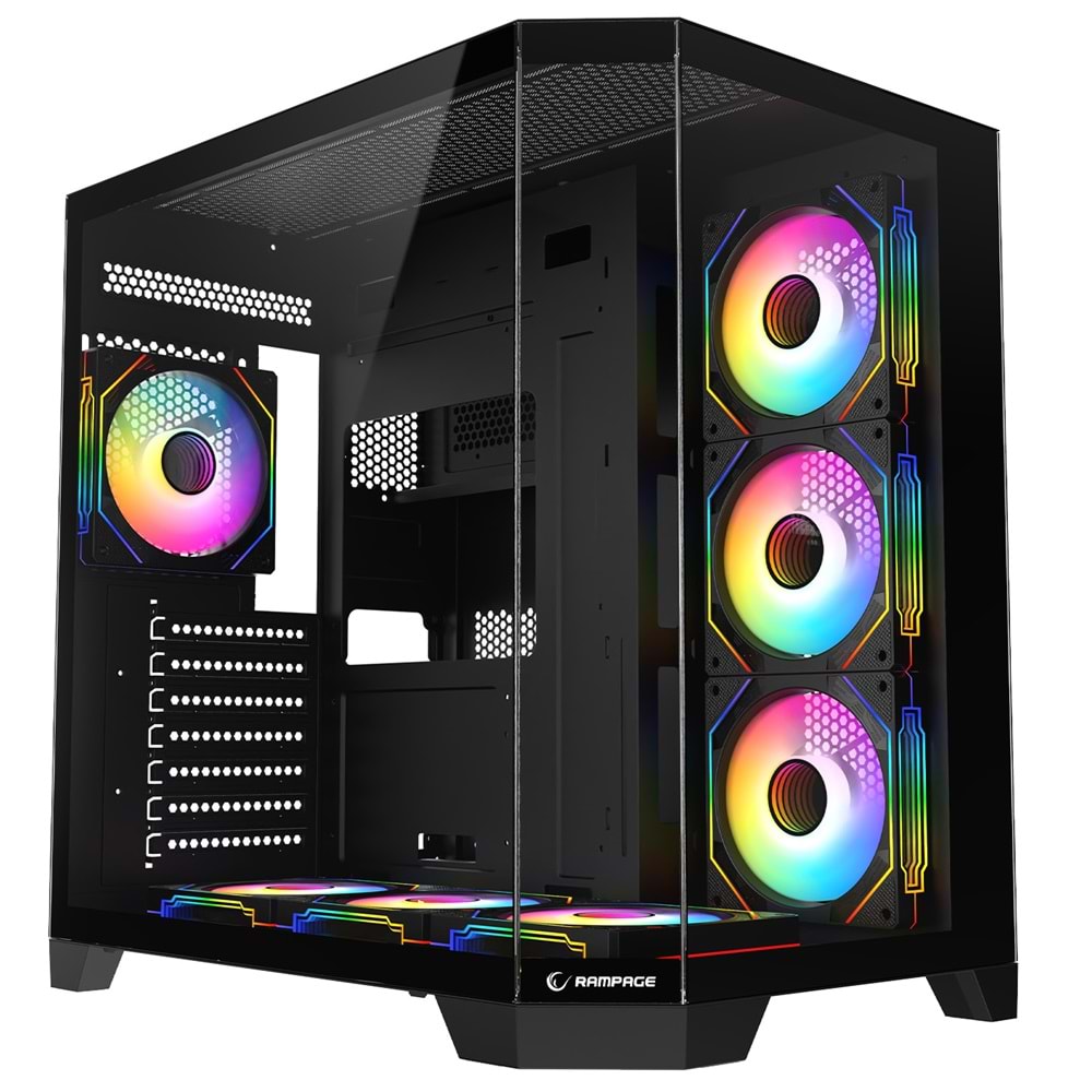 Rampage MEGA V1 850W 80 Plus Bronze 3 Taraf Temp. Camlı 7x12cm ARGB Fan+Kumanda Siyah Oyuncu Kasası