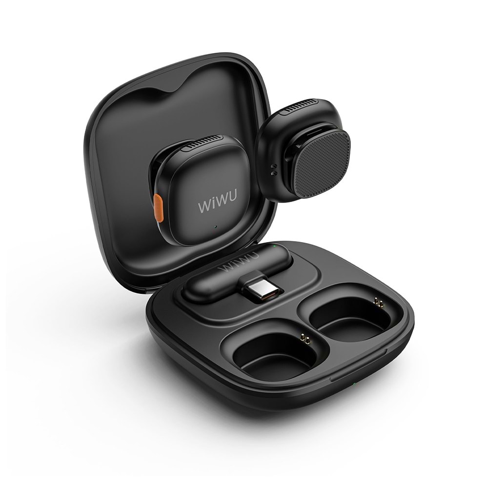 WiwuU Wi-WM006 2in 1 Type-C Portlu Yapay Zeka Destekli ANC Özellikli Kablosuz Yaka Mikrofonu Siyah