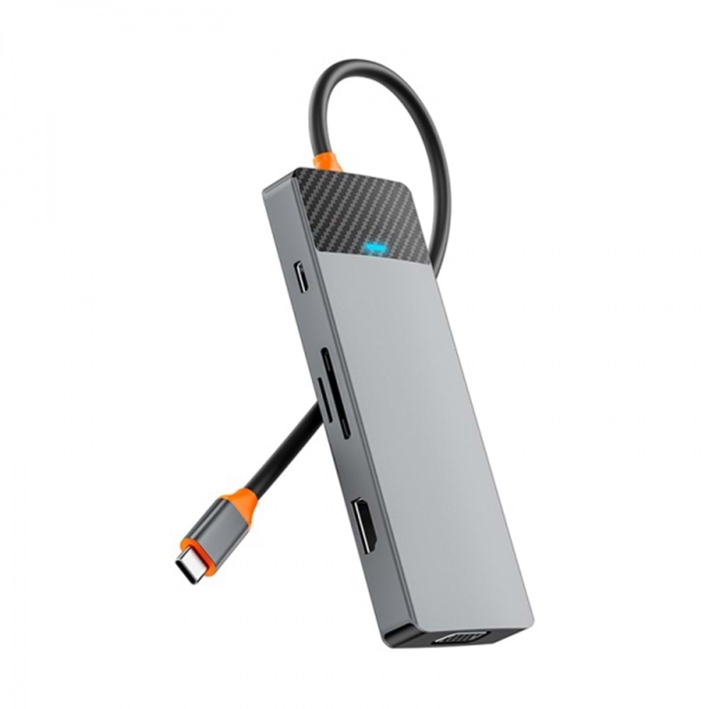 Wiwu A921HV 9'u 1 arada Type-C Hub Çoklu Port Dönüştürücü, USB+PD+USB-C+Kart Okuyucu Yuvaları+VGA+HD Çıkışı