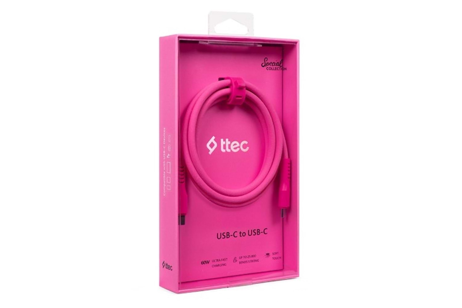 Ttec 2DK59NP USB-C - USB-C 60W PD/QC Hızlı Şarj & Data Kablosu 120cm Neon Pembe