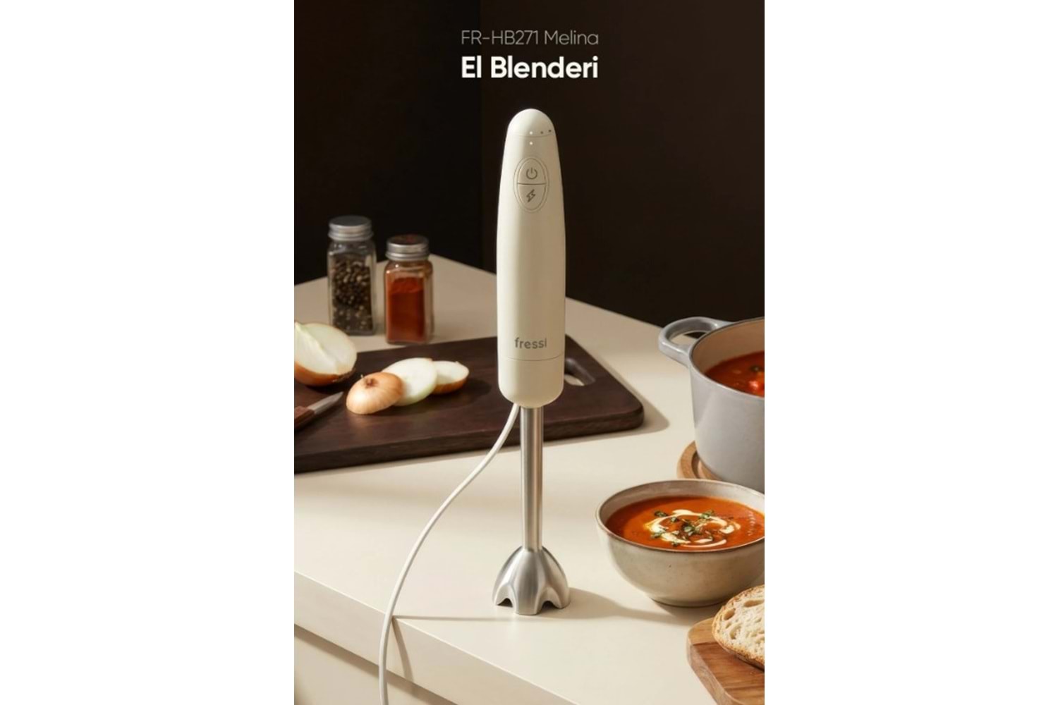Fressi FR-HB271 Melina Paslanmaz Çelik Bıçaklı Turbo 1000W Krem El Blenderı