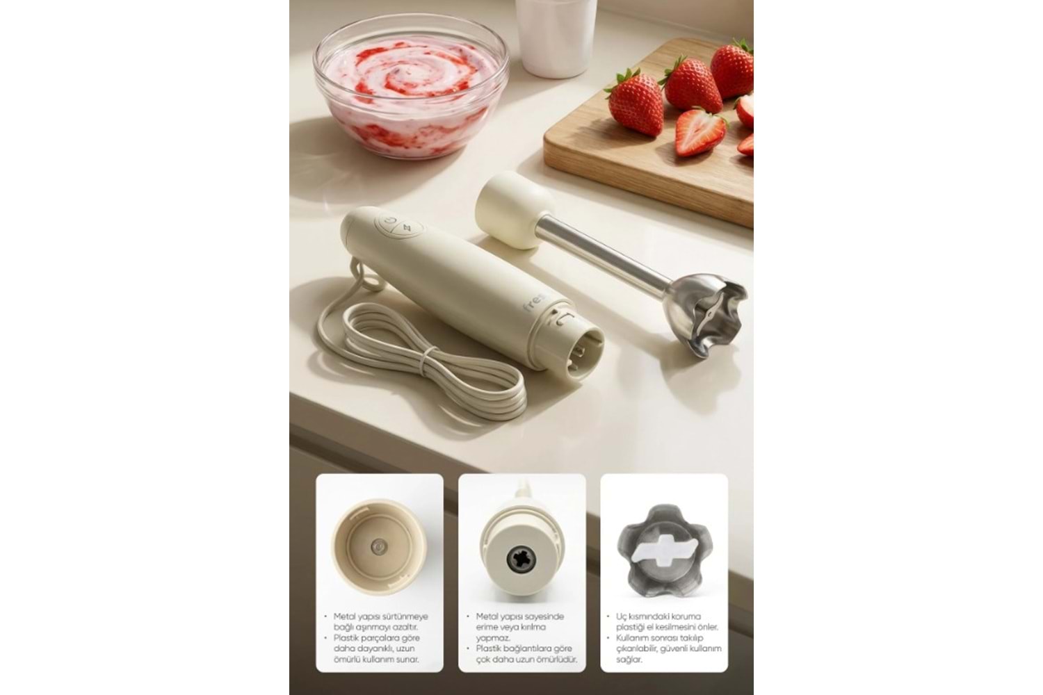 Fressi FR-HB271 Melina Paslanmaz Çelik Bıçaklı Turbo 1000W Krem El Blenderı