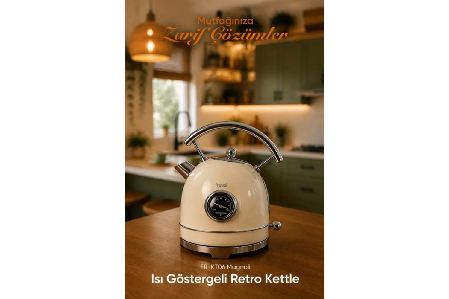 Fressi FR-KT06 Magnoli 1,8L Isı Göstergeli Retro Krem Kettle Kablosuz Su Isıtıcısı