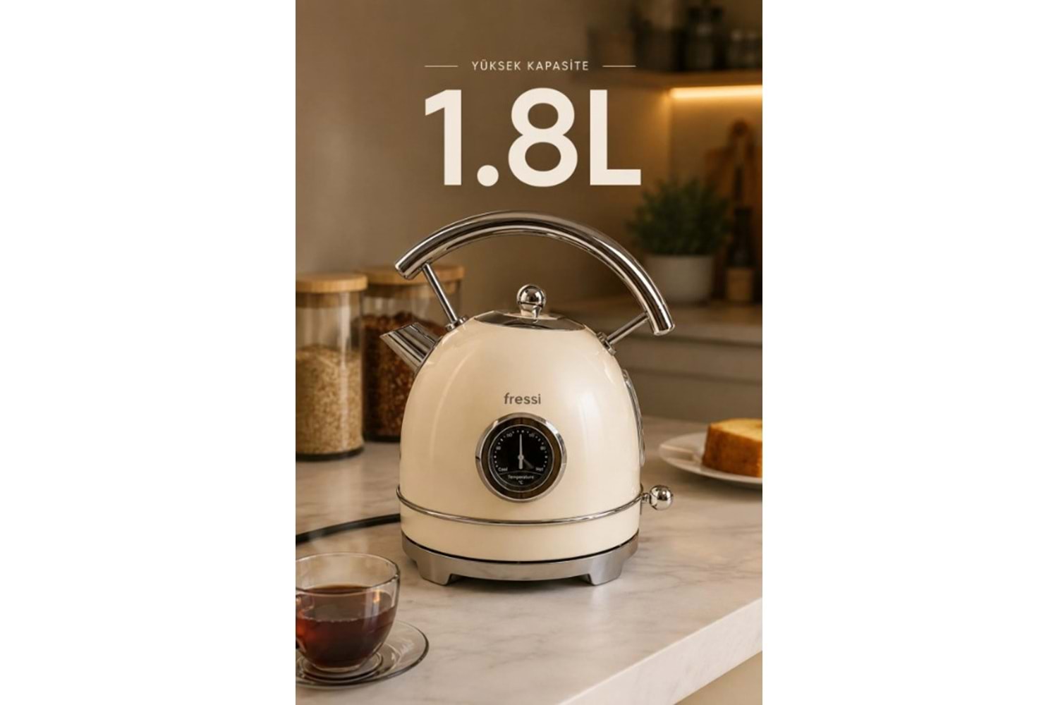 Fressi FR-KT06 Magnoli 1,8L Isı Göstergeli Retro Krem Kettle Kablosuz Su Isıtıcısı
