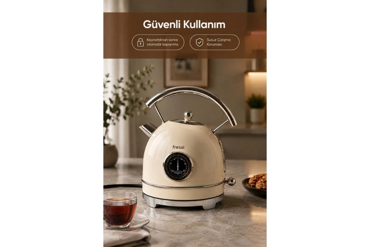 Fressi FR-KT06 Magnoli 1,8L Isı Göstergeli Retro Krem Kettle Kablosuz Su Isıtıcısı