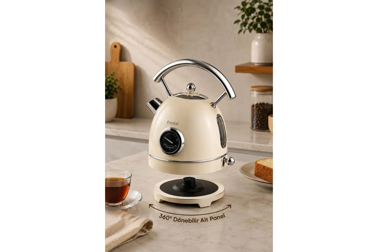 Fressi FR-KT06 Magnoli 1,8L Isı Göstergeli Retro Krem Kettle Kablosuz Su Isıtıcısı