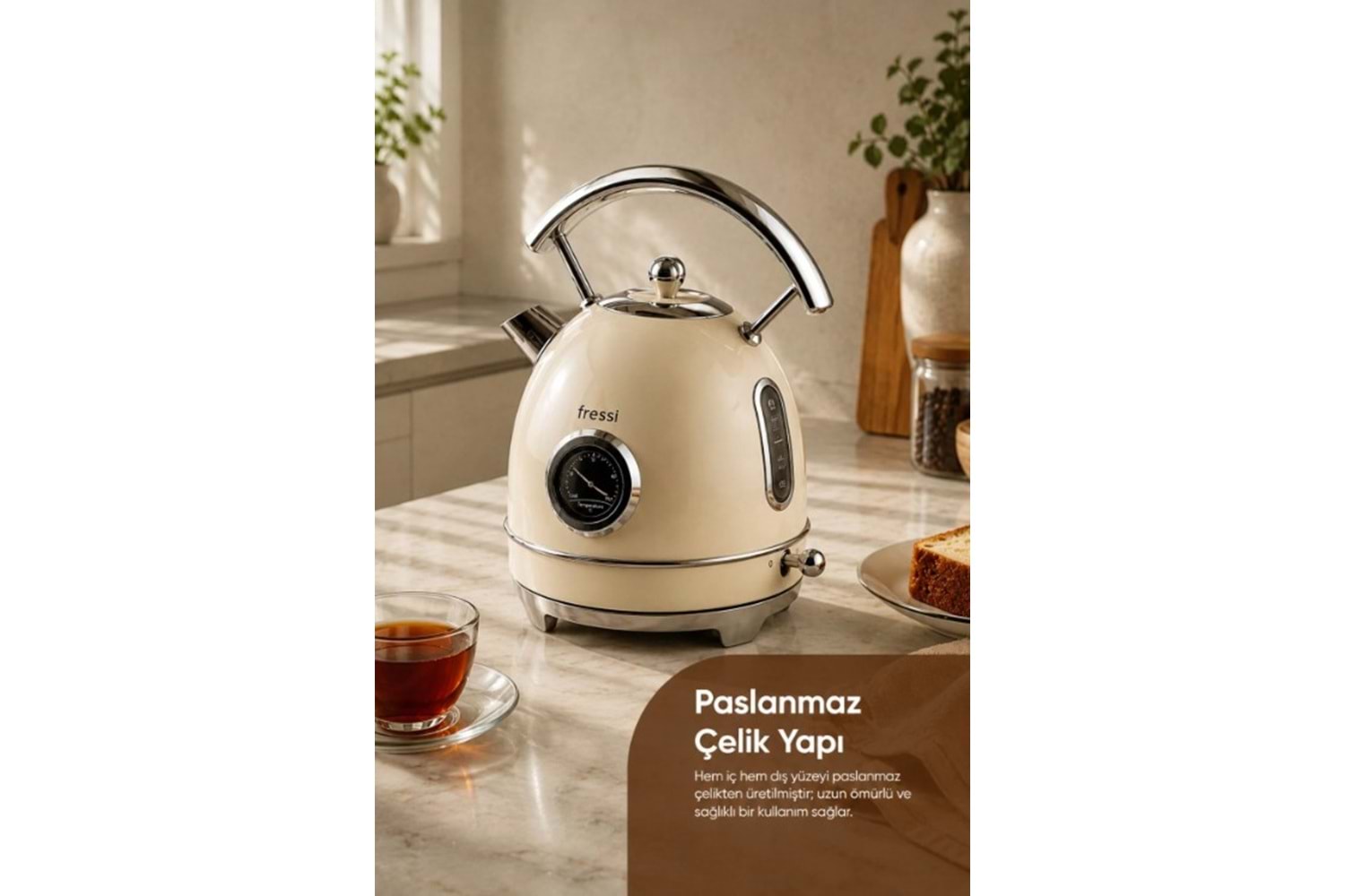Fressi FR-KT06 Magnoli 1,8L Isı Göstergeli Retro Krem Kettle Kablosuz Su Isıtıcısı