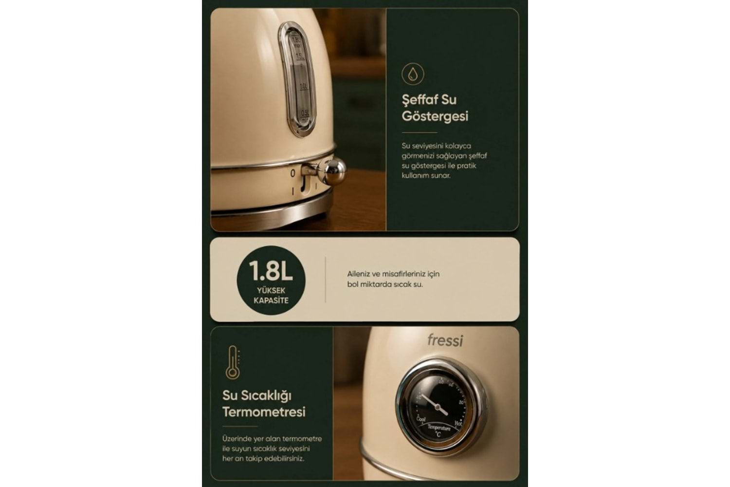 Fressi FR-KT06 Magnoli 1,8L Isı Göstergeli Retro Krem Kettle Kablosuz Su Isıtıcısı